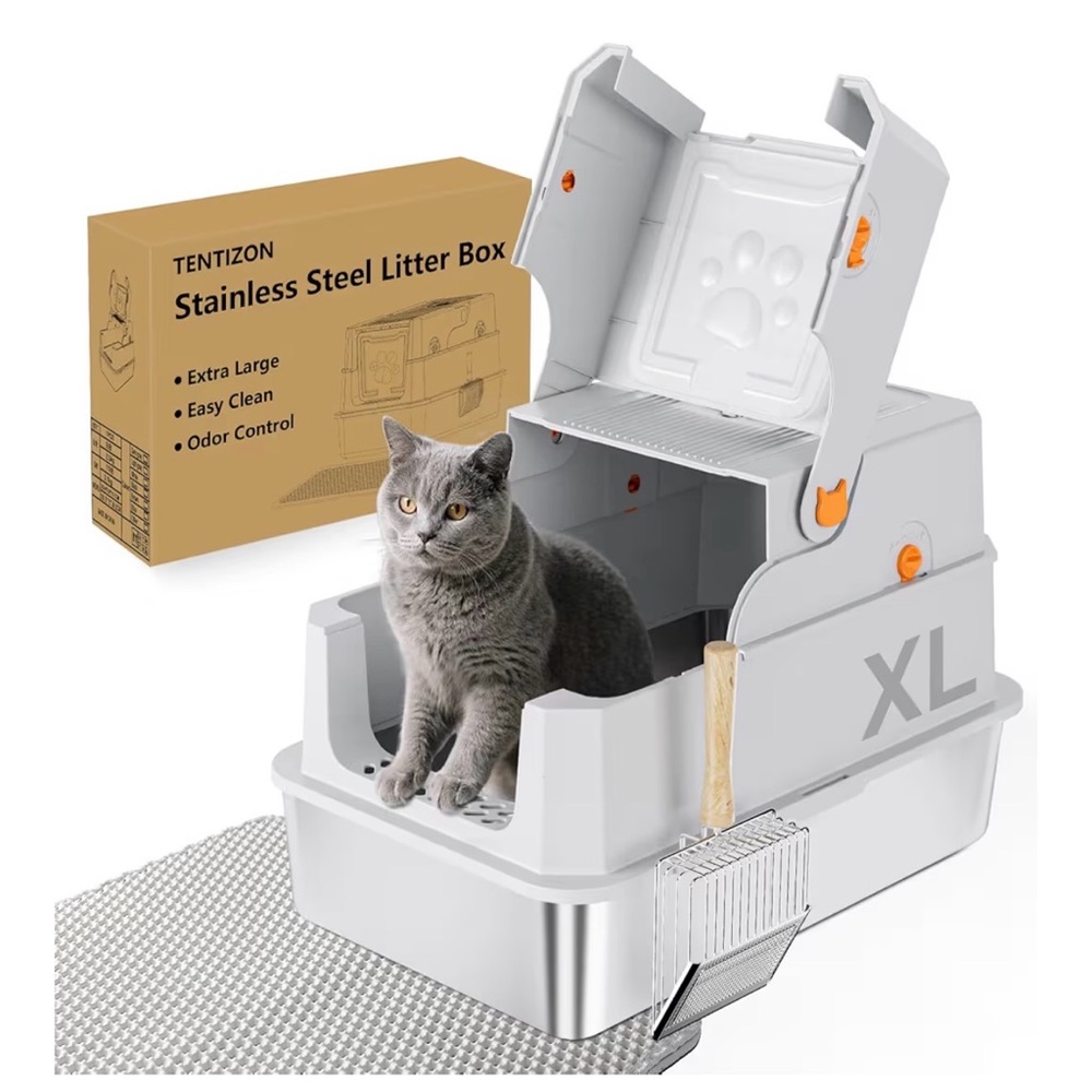 XL Stainless Steel Litter Box with Cat